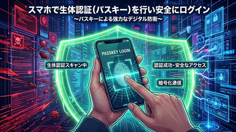 スマホで生体認証(パスキー)を行い安全にログインするイラスト
